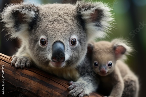 A curious marsupial mother gazes lovingly at her baby, both perched atop a wooden branch, their soft fur blending seamlessly into the lush outdoor surroundings