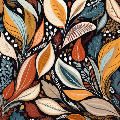 Flat design soft earth tones pattern. pattern with leaves in various colors and outlines. vintage and contemporary fabric
