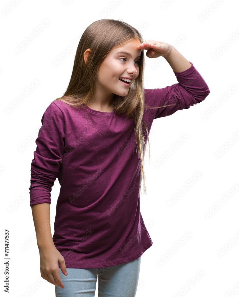 Young beautiful girl over isolated background very happy and smiling looking far away with hand over head. Searching concept. Young beautiful girl over isolated background very happy and smiling looking far away with hand over head. Searching concept.