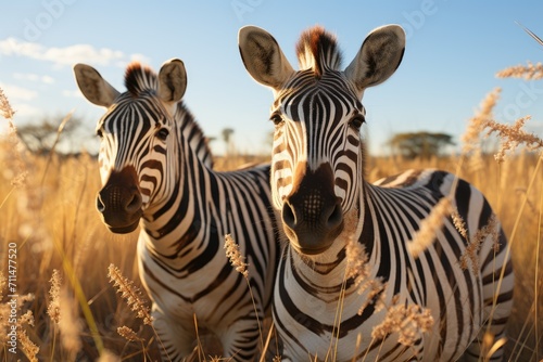 Two majestic zebras peacefully standing in a vast field, their striking black and white stripes blending seamlessly with the grass and sky as they embody the essence of wild beauty in this serene out