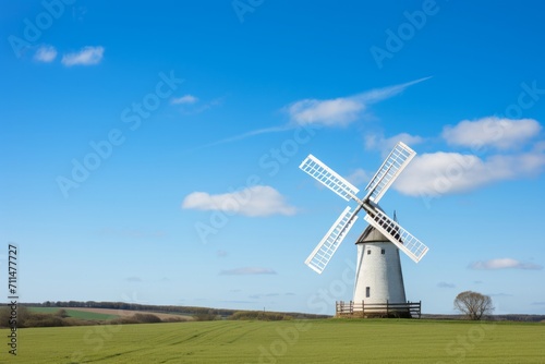 A traditional countryside windmill standing tall under a seamless blue sky, Generative AI