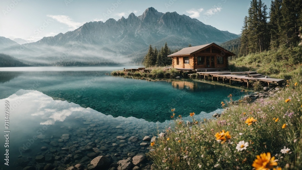Fototapeta premium photo of lake view with clear blue water in the middle of the forest against the background of mountains made by AI generative