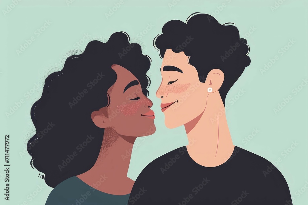 romantic couple in love looking at each other before kissing. Hand-drawn style vector illustration of young couple romantic couple in love looking at each other before kissing. Hand-drawn style vector illustration of young couple