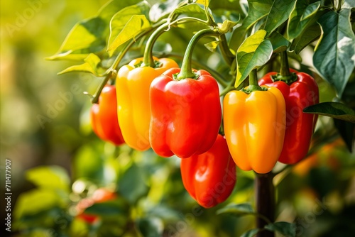 Vibrant harvest of healthy organic yellow and red bell peppers growing on a lush plantation