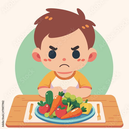 Picky eater concept vector image. Sad unhappy child doesn't want to eat his  meal