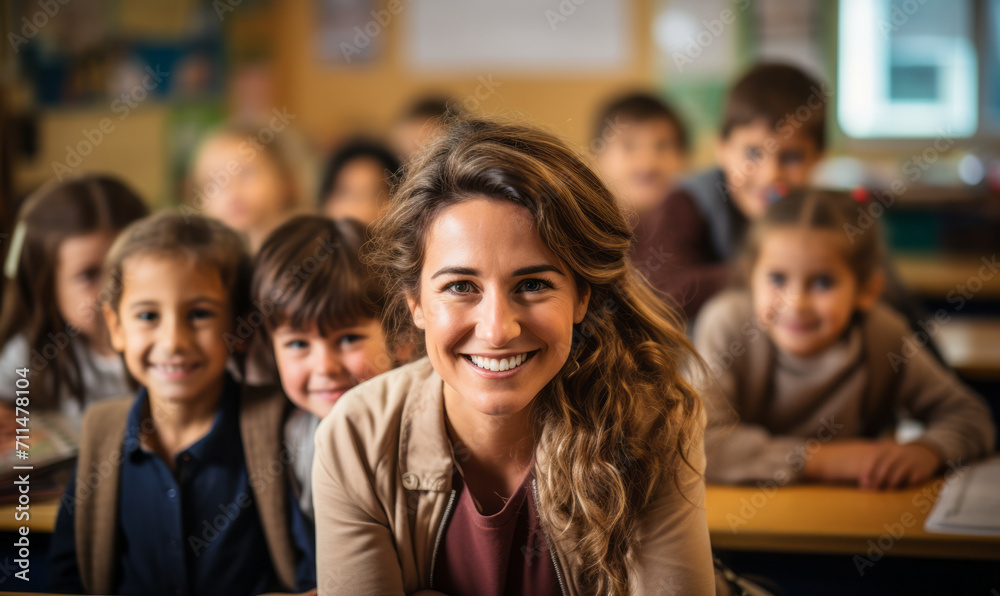 Dedicated Teacher Smiling with Diverse Young Students in a Vibrant Classroom Environment Dedicated Teacher Smiling with Diverse Young Students in a Vibrant Classroom Environment