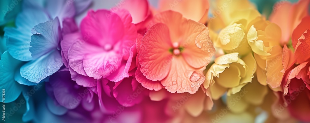 AI-generated illustration of vibrant rainbow-hued flowers adorned with dewdrops on their petals