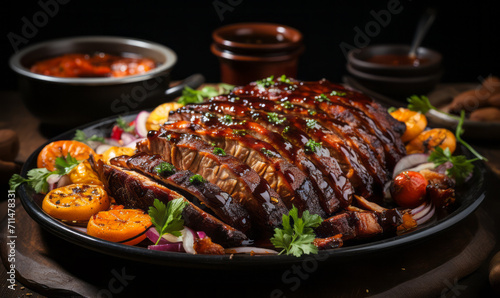 Succulent Barbecued Ribs Glazed with a Tangy Sauce on a Platter, Garnished with Fresh Herbs Ready for Dining