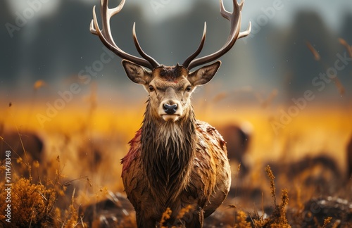 A majestic buck, adorned with impressive antlers, gracefully stands in a peaceful field, embodying the wild beauty of terrestrial animals in nature © familymedia