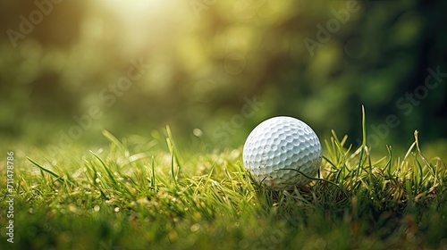 Golf ball on grass with sunlight filtering through trees.