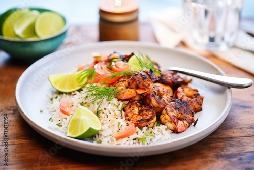 rice on a plate with blackened shrimp and lime wedges
