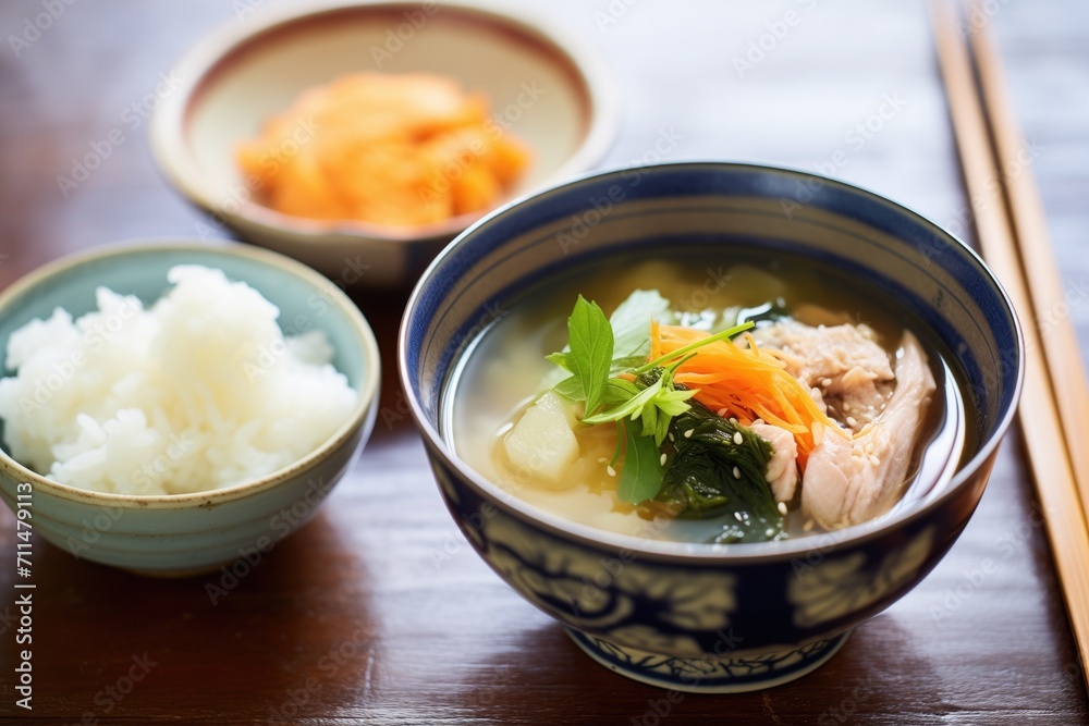 miso soup served with rice and pickled vegetables