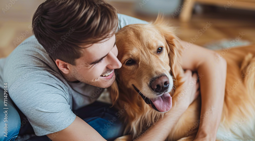 Happy dog gold retriever owner sitting together with his cute dog playing and hugging him Happy dog gold retriever owner sitting together with his cute dog playing and hugging him