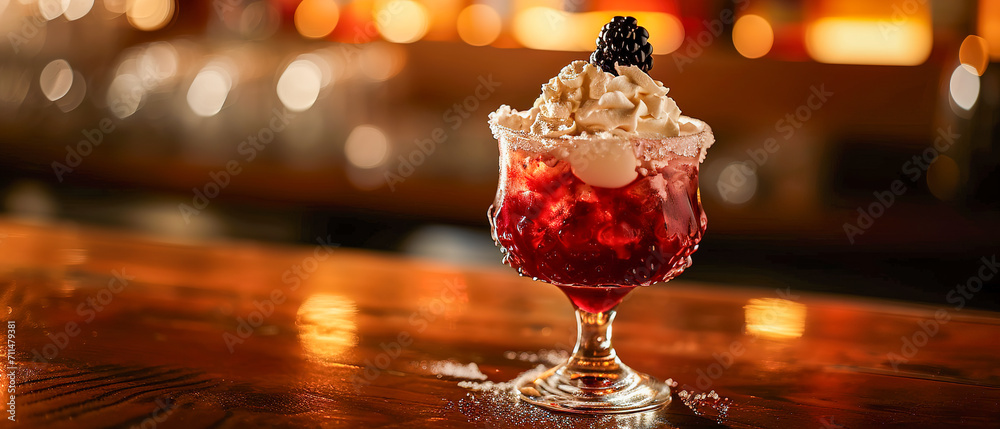 A sensual atmosphere, cocktail in a glass, ice, delicious whipped cream and tempting blackberry
