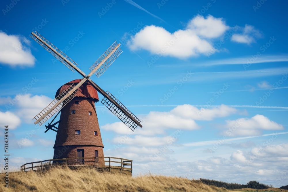 A traditional countryside windmill standing tall under a seamless blue sky, Generative AI A traditional countryside windmill standing tall under a seamless blue sky, Generative AI