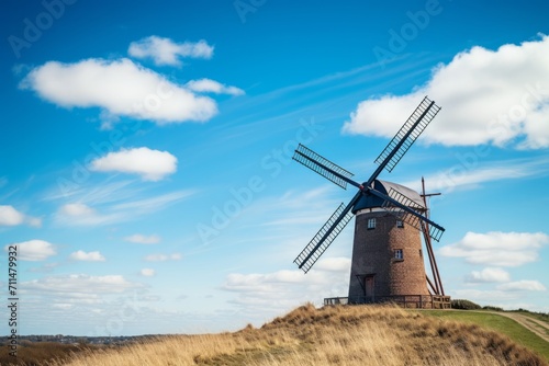 A traditional countryside windmill standing tall under a seamless blue sky, Generative AI