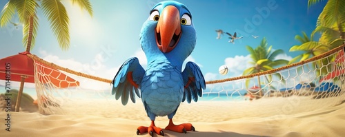 Animated parrot in a beach volleyball setting with a net.