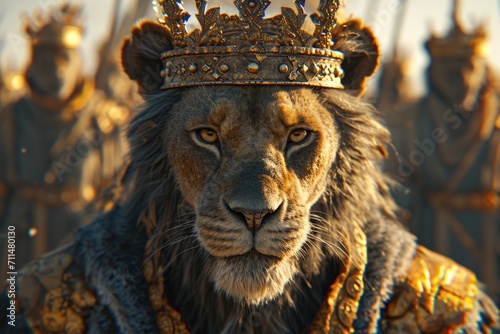 Lion king enthroned on throne with crown and rod of power, majestic powerful wild predator © Gizmo