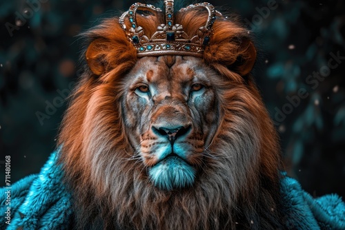 Lion king enthroned on throne with crown and rod of power  majestic powerful wild predator