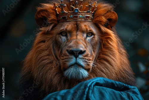 Lion king enthroned on throne with crown and rod of power, majestic powerful wild predator