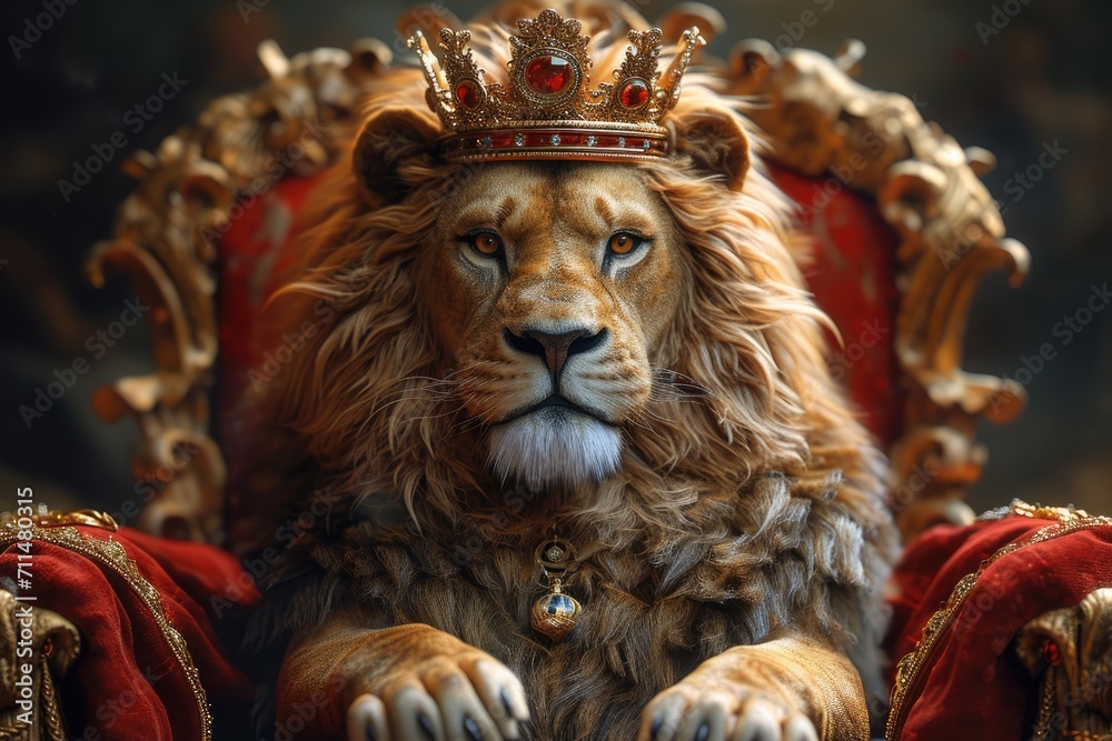 Lion king enthroned on throne with crown and rod of power, majestic powerful wild predator