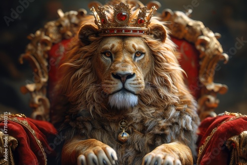 Lion king enthroned on throne with crown and rod of power  majestic powerful wild predator
