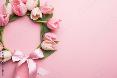 Spring tulips on pink background. Womens day and mothers day greeting card. Floral flat lay.