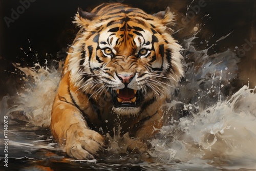 A majestic siberian tiger basks in the cool waters, its mouth agape in a show of raw power and grace