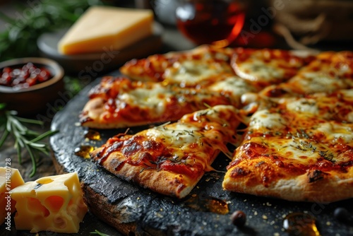 Pizza with cheese and rosemary on a black wooden background. Quattro Formaggi Pizza. Four cheese Pizza. Cheese Pull. Pizza on a Background with copyspace.