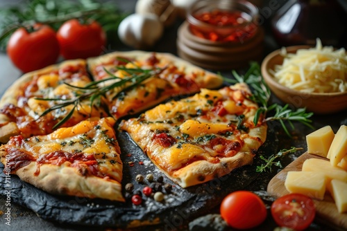 Tasty Four cheese pizza and different types of cheeses on black concrete background. Top view of hot Four cheese pizza. With copy space for text. Flat lay. Banner with copyspace 