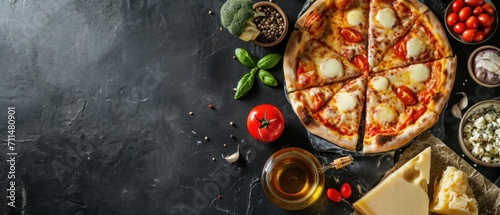 Tasty quattro formaggi pizza and cooking ingredients cheeses on black concrete background. Top view of pizza. With copy space for text. Flat lay. Banner with copyspace 