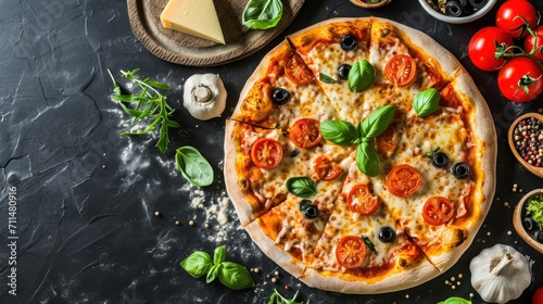 Delicious italian pizza with tomatoes, mozzarella cheese, olives and basil on black background. Quattro Formaggi Pizza. Four cheese Pizza. Pizza on a Background with copyspace.