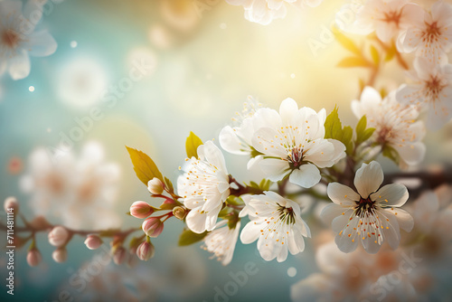 Spring cherry blossom branches with flowers and copy space. Springtime horizontal greeting card template. Floral background.