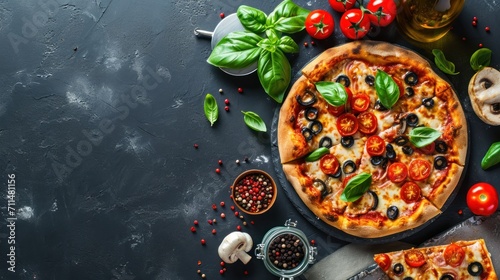Delicious italian pizza with tomatoes, mushrooms, olives and basil. Top view with copy space. Quattro Formaggi Pizza. Four cheese Pizza. Pizza on a Background with copyspace.