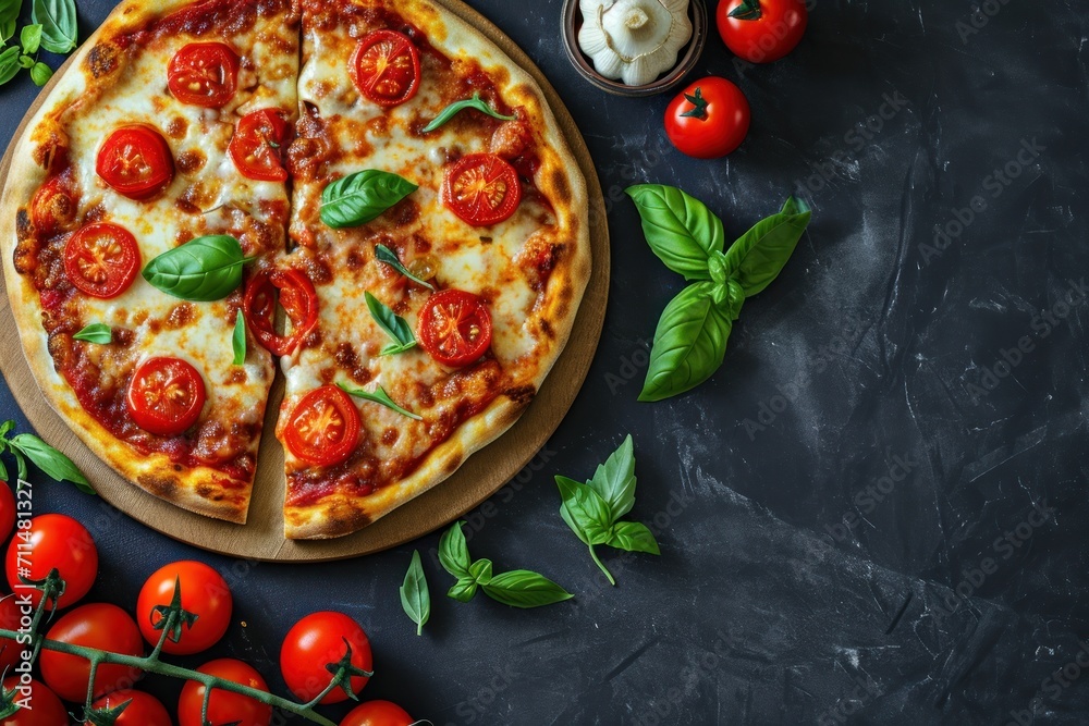 Pizza with cherry tomatoes, mozzarella cheese and basil on a black background. Quattro Formaggi Pizza. Four cheese Pizza. Cheese Pull. Pizza on a Background with copyspace.
