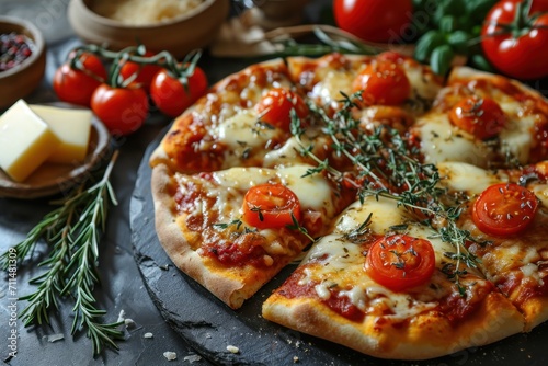 Pizza with mozzarella cheese, cherry tomatoes and rosemary. Quattro Formaggi Pizza. Four cheese Pizza. Cheese Pull. Pizza on a Background with copyspace.