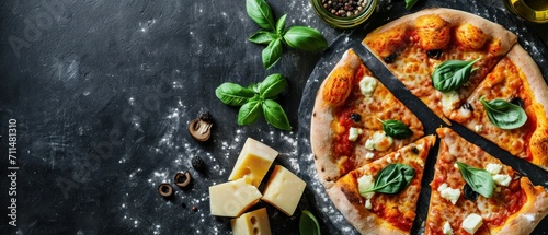Pizza with mozzarella cheese and basil on a dark background. Quattro Formaggi Pizza. Four cheese Pizza. Cheese Pull. Pizza on a Background with copyspace.