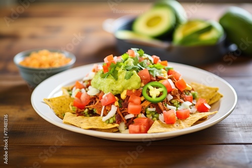 healthy nachos with guacamole and diced tomatoes on top