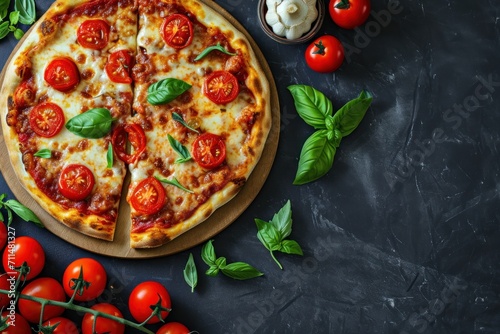 Pizza with cherry tomatoes, mozzarella cheese and basil on a black background. Quattro Formaggi Pizza. Four cheese Pizza. Cheese Pull. Pizza on a Background with copyspace.