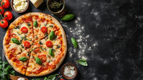 Delicious italian pizza with mozzarella cheese, tomatoes and basil on dark background. Quattro Formaggi Pizza. Four cheese Pizza. Cheese Pull. Pizza on a Background with copyspace.