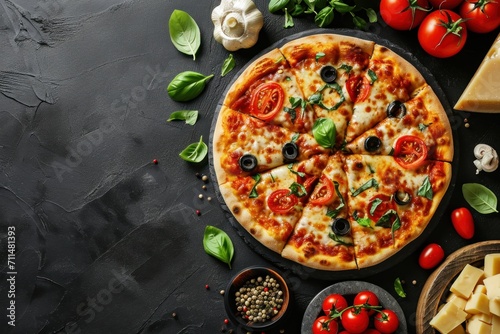 Delicious pizza with ingredients on black table, top view. Space for text. Quattro Formaggi Pizza. Four cheese Pizza. Cheese Pull. Pizza on a Background with copyspace.