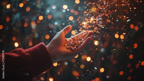 A hand reaches for confetti in a dark room with festive lights.New Year themed greetings     photo