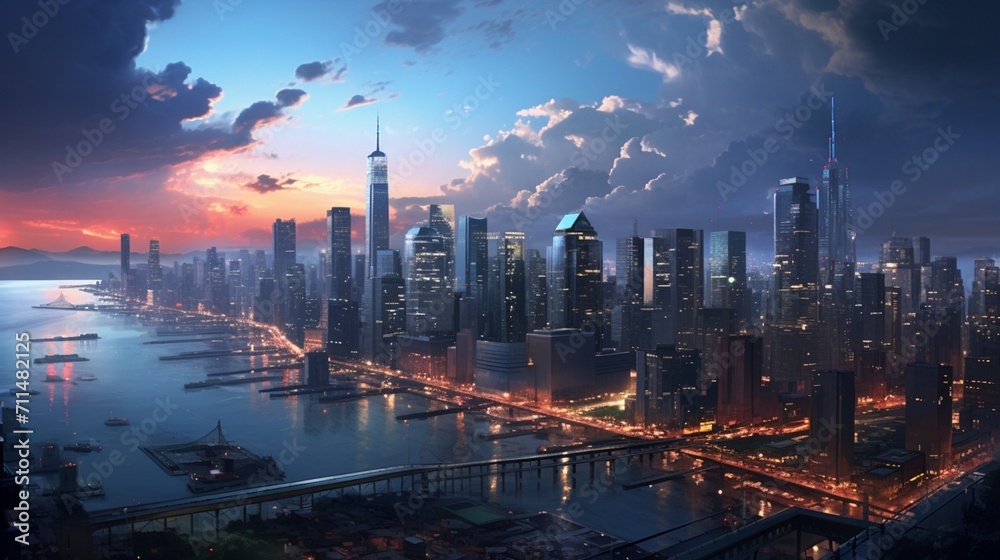 Naklejka premium An ultra-realistic depiction of a bustling cityscape at twilight, featuring hyper-detailed skyscrapers, intricate street details, and cinematic lighting effects - Generative AI