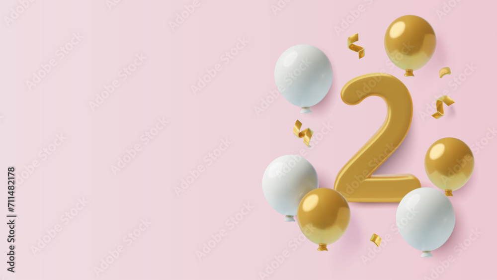 2 years girl's birthday banner on pink background with 3D gold number two, helium balloons, confetti and copy space. Second anniversary realistic three dimensional vector illustration.