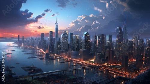 An ultra-realistic depiction of a bustling cityscape at twilight, featuring hyper-detailed skyscrapers, intricate street details, and cinematic lighting effects - Generative AI photo