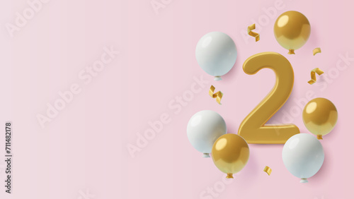 2 years girl's birthday banner on pink background with 3D gold number two, helium balloons, confetti and copy space. Second anniversary realistic three dimensional vector illustration. photo