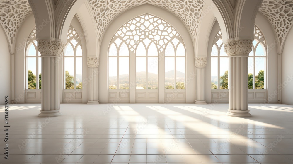 Big Empty room in light colors, big windows, vintage style. Empty banquet hall with a parquet floor. Islamic Background