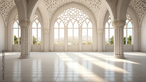 Big Empty room in light colors, big windows, vintage style. Empty banquet hall with a parquet floor. Islamic Background photo