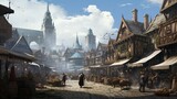 An ultra-realistic depiction of a bustling marketplace in a medieval town, capturing intricate architecture and detailed market stalls. - Generative AI
