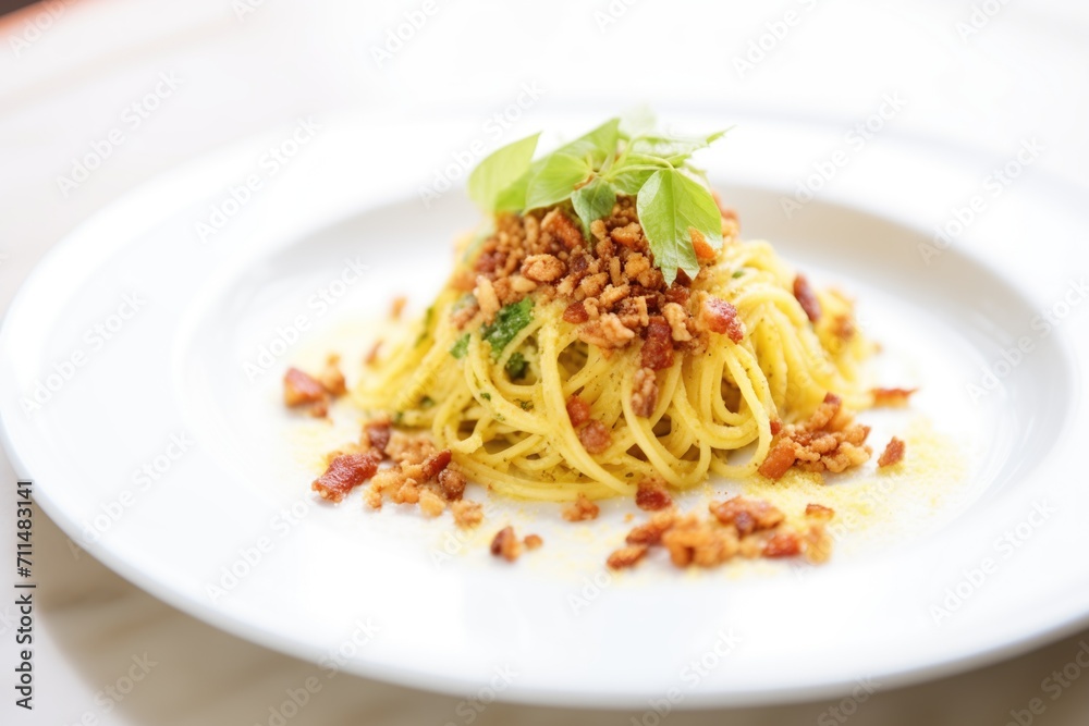close-up of spaghetti carbonara with crispy bacon bits